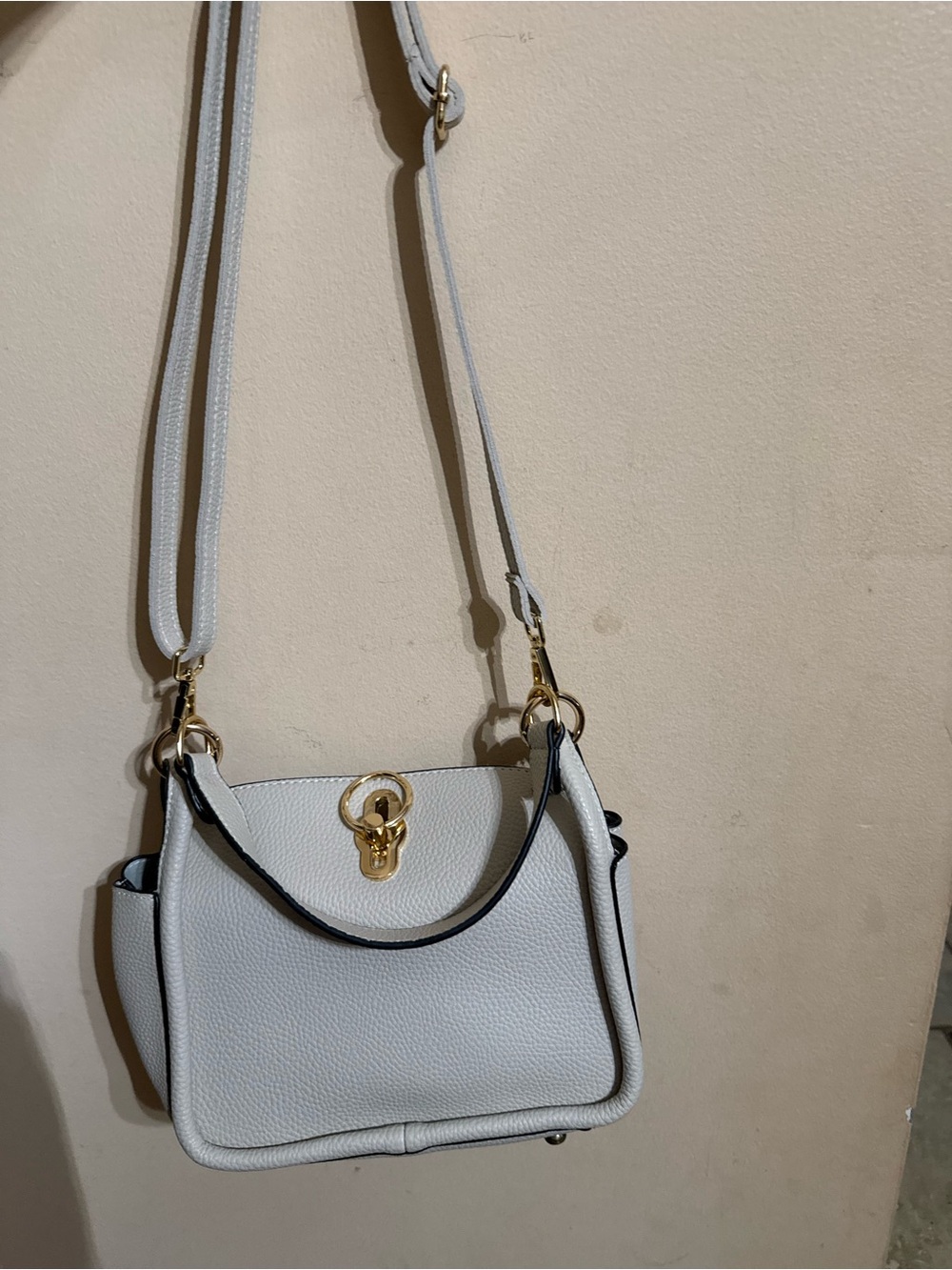 Pebbled Crossbody Bag in Light Beige with Gold Accent - Picture 4 of 4